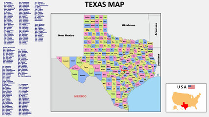  Texas Map. State and district map of Texas. Political map of Texas with neighboring countries and borders.