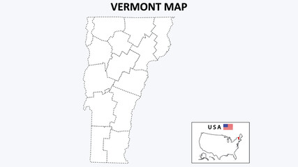  Vermont Map. State and district map of Vermont. Political map of Vermont with outline and black and white design.