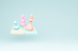 Chess pieces in trendy pastel colours on a light blue background with a copy space. Minimalistic conceptual 3D illustration.