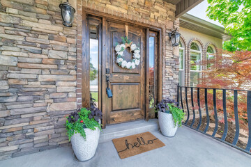 Wall Mural - Wooden front door of a house with lockbox and curb appeal