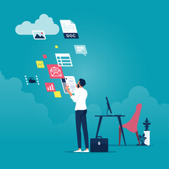 Concept of sharing file to cloud service, businessman send files for business to the cloud storage