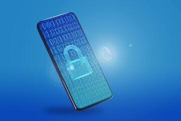 Mobile phone with padlock and fingerprint on the screen. Information security concept 3d illustration.