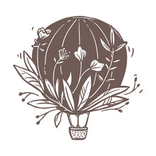 Vector Vintage Air Balloon With Growing Flower Bouquet, Plants, Foliage And Leaves. Air Flying And Sky Emblem, Sign Or Label. Creative Logo Concept