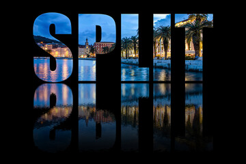 Wall Mural - Split text composed of city landscape on black background with text reflection in water.