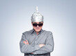 Funny confident smiling man in sunglasses and aluminum foil hat, psychic guru. File contains a path to isolation.