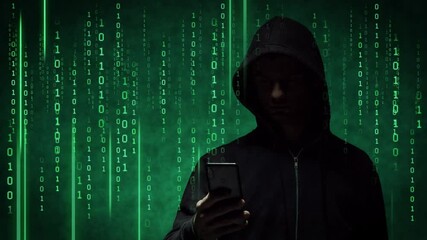 Wall Mural - Portrait of computer hacker in hoodie. Obscured dark face. Data thief, internet fraud, darknet and cyber security.