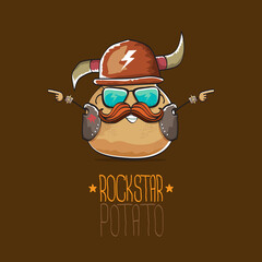 Wall Mural - vector rock star potato funny cartoon cute character with viking helmet, leather jacket, sunglasses and moustache isolated on brown background. rock n roll hipster vegetable funky character