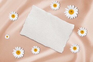 Wall Mural - Flatlay of aesthetic styled invitation template. Blank paper sheet card with chamomile flower