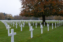 Plombieres, Belgium - November 1, 2021: Henri-Chapelle American Cemetery And Memorial. Many Of The Burial Are From  Ardennes Winter Offensive (Battle Of The Bulge). Autumn Rainy Day. Selective Focus.