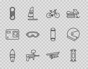 Poster - Set line Surfboard, Longboard or skateboard, Bicycle, Paintball gun, Climber rope, Ski goggles, Hang glider and Helmet icon. Vector