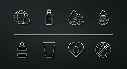 Sticker - Set line Earth planet in water drop, Big bottle with clean, Defrosting, Heart, Water filter cartridge, Bottle of, forbidden and Recycle aqua icon. Vector