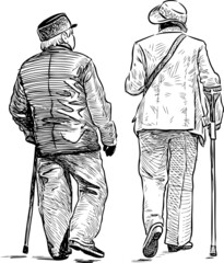 Sticker - Outline drawing of couple elderly citizens with walking canes strolling outdoors