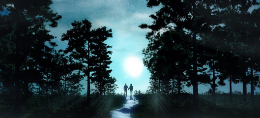Wall Mural - magical night scene in nature. mountain landscape with big moon in sky. people holding hands standin