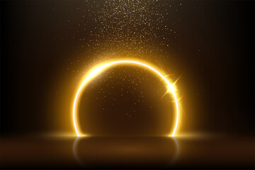 Wall Mural - gold round neon circle frame and magic falling particles, abstract electric ring