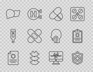 Sticker - Set line Clinical record, Life insurance hand, Medicine pill tablet, Human spine, organ liver, Crossed bandage plaster, Monitor with cardiogram and icon. Vector