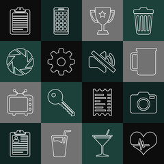 Sticker - Set line Heart rate, Photo camera, Coffee cup, Trophy, Cogwheel gear settings, Camera shutter, Clipboard with document and Speaker mute icon. Vector