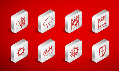 Sticker - Set line Shield, Cloud upload, Washer, Oven, Sun and snowflake, Air conditioner, Cargo ship and icon. Vector