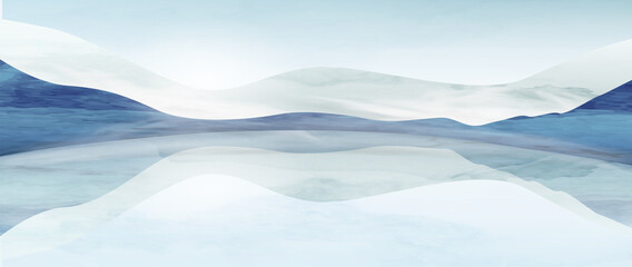 watercolor art background with mountains and lake in winter. landscape banner in blue tones for art 
