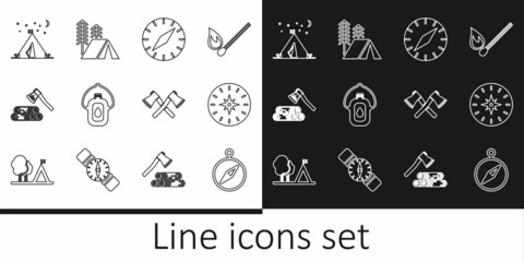 Wall Mural - Set line Compass, Canteen water bottle, Wooden axe and wood, Tourist tent with flag, Crossed wooden and icon. Vector