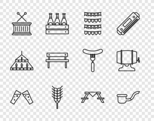 Sticker - Set line Glass of beer, Smoking pipe, Carnival garland with flags, Wheat, Musical drum sticks, Bench, Picnic table benches and Wooden barrel on rack icon. Vector