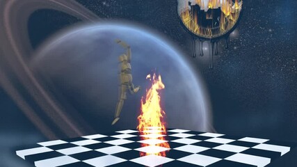Space leap. Surreal scene. Doll on chessboard in space