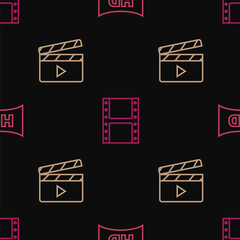 Poster - Set line Hd movie, tape, frame, Movie clapper and Play video on seamless pattern. Vector