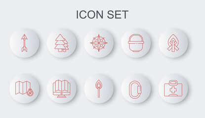 Sticker - Set line First aid kit, Location of the forest on map, Wind rose, Carabiner, Hipster arrow, Tree, monitor and Burning match with fire icon. Vector