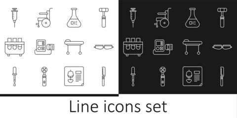 Sticker - Set line Medical saw, Safety goggle glasses, Test tube and flask, Blood pressure, Syringe, Stretcher and Wheelchair for disabled person icon. Vector