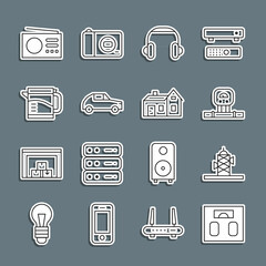 Wall Mural - Set line Bathroom scales, Antenna, Smart sensor, Headphones, Car, Electric kettle, Radio and House icon. Vector