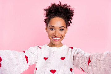 Sticker - Photo of lovely curly hairdo millennial lady do selfie wear printed sweater isolated on pink background