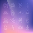 © vector_v - Set line Street light, Perfume, Fleur De Lys, Windmill, French press, Macaron cookie, Paint brush with palette and Elegant women hat icon. Vector