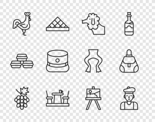 Poster - Set line Grape fruit, French man, Poodle dog, cafe, rooster, Kepi, Easel or painting art boards and Handbag icon. Vector