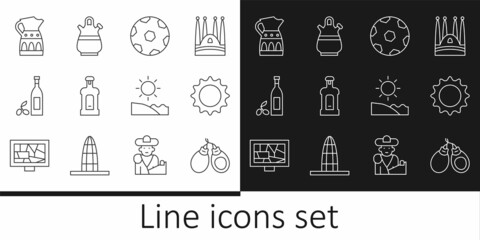 Poster - Set line Castanets, Sun, Football ball, Orujo, Bottle of olive oil, Sangria pitcher, Beach and icon. Vector