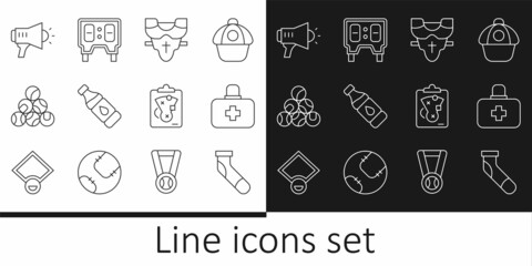 set line baseball sock, first aid kit, player chest protector, bottle of water, megaphone, planning 