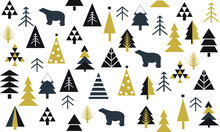 Seamless Pattern With Christmas Trees In Black And Gold On White Background.