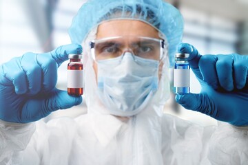 Wall Mural - A doctor holding a vial with coronavirus Covid19 vaccine in hand.