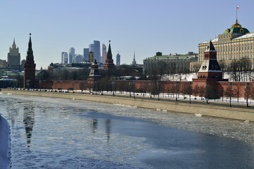 Moscow Kremlin is reflected in the river