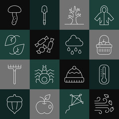 Canvas Print - Set line Windy weather, Thermometer, Basket and food, Bare tree, Candy, Leaf, Mushroom and Cloud with rain icon. Vector