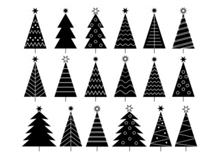 Fototapete - Set of christmas tree line icons .Christmas tree with a stars. Vector black simple icons collection.