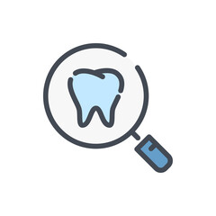 Wall Mural - Examination of teeth and treatment color line icon. Magnifier and tooth vector outline colorful sign.