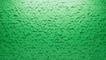 Diamond Shaped, 3D Wall Background With Tiles. Polished, Tile Wallpaper With Green, Futuristic Blocks. 3D Render