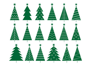 Fototapete - Set of christmas tree green line icons .Christmas tree with a stars. Vector black simple icons collection isolated on white background.