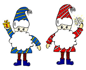 Set of cute christmas man gnomes. Collection of holidays wizards or enchanter with gifts.