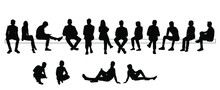 Vector Silhouettes Of  Men, Women And Teenagers, A Group Of Sitting On A Bench  Business People, Profile, Black  Color Isolated On White Background