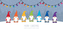 Christmas Greeting Card With Cute Christmas Dwarf In Rainbow Colours