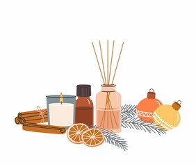 Composition with aromatherapy accessories with essential oils. Candles, diffuser, essential oil, dried orange slices and cinnamon, christmas balls. Vector winter christmas illustration on white backgr