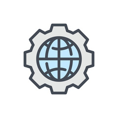 Sticker - Gear global color line icon. Cogwheel with planet vector outline colorful sign.