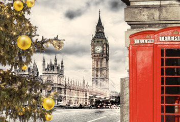 Wall Mural - London symbols, BIG BEN with Christmas tree and red Phone Booths in England, UK