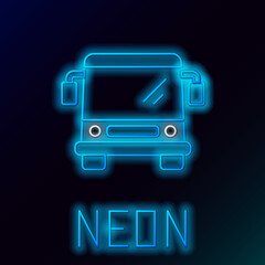 Wall Mural - Glowing neon line Bus icon isolated on black background. Transportation concept. Bus tour transport sign. Tourism or public vehicle symbol. Colorful outline concept. Vector