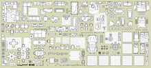 Floor Plan Icons Set For Design Interior And Architectural Project (view From Above). Furniture Thin Line Icon In Top View For Layout. Blueprint Apartment. Vector